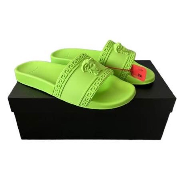 Versace Pool Slides W6 Neon Green Matte Women Sandals - Picture 3 of 4